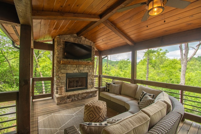 340 Hooch Holler Ln, Morganton, GA 30560 - view of patio with an outdoor living space with a fireplace and ceiling fan