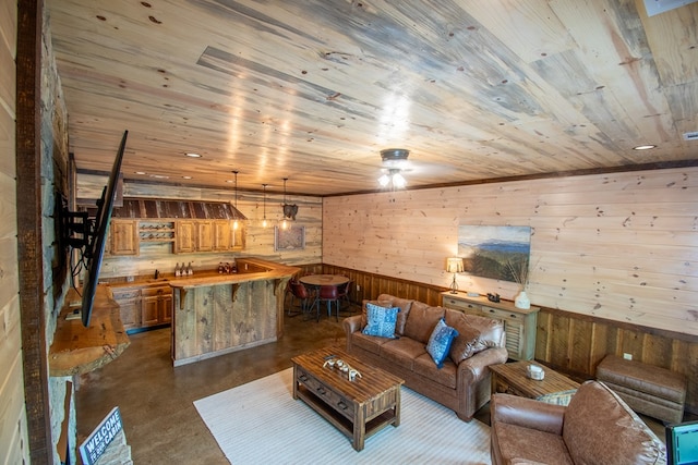 340 Hooch Holler Ln, Morganton, GA 30560 - living room with wood walls, wooden ceiling, concrete flooring, and bar