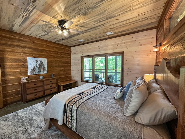 340 Hooch Holler Ln, Morganton, GA 30560 - bedroom featuring wooden ceiling, wooden walls, carpet floors, and a ceiling fan