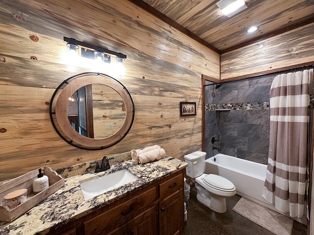 340 Hooch Holler Ln, Morganton, GA 30560 - full bathroom featuring vanity, toilet, wood walls, shower / bathtub combination with curtain, and wooden ceiling