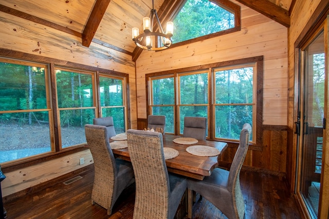 340 Hooch Holler Ln, Morganton, GA 30560 - dining space with wood walls, vaulted ceiling, wood-type flooring, wood ceiling, and a chandelier
