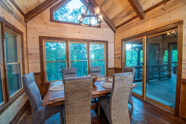 340 Hooch Holler Ln, Morganton, GA 30560 - dining room featuring wooden walls, wooden ceiling, a chandelier, and wood-type flooring