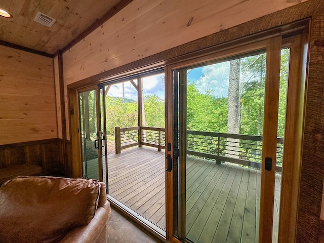 340 Hooch Holler Ln, Morganton, GA 30560 - doorway featuring wooden walls, healthy amount of natural light, and wooden ceiling