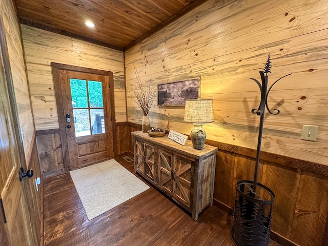 340 Hooch Holler Ln, Morganton, GA 30560 - doorway featuring wooden walls, dark wood-style floors, wood ceiling, and recessed lighting