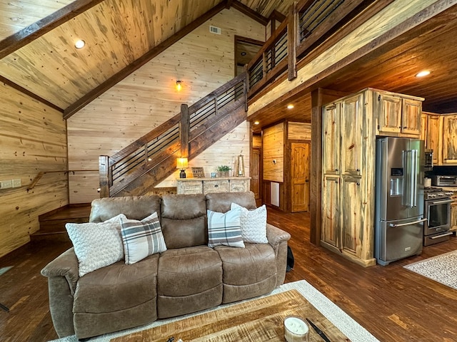 340 Hooch Holler Ln, Morganton, GA 30560 - living area featuring wood walls, wood ceiling, dark wood-style floors, and recessed lighting