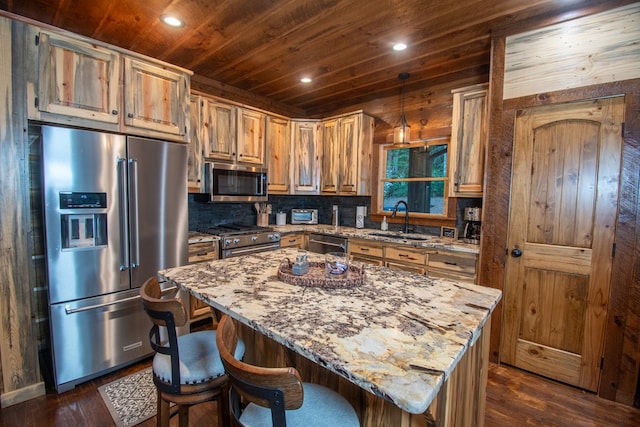 340 Hooch Holler Ln, Morganton, GA 30560 - kitchen with premium appliances, a sink, wood ceiling, dark wood-style floors, and light stone countertops
