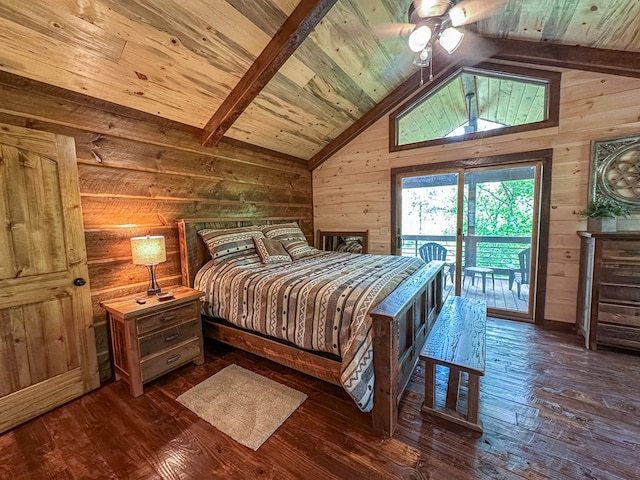 340 Hooch Holler Ln, Morganton, GA 30560 - bedroom featuring wood walls, wooden ceiling, access to outside, dark wood-style floors, and a ceiling fan