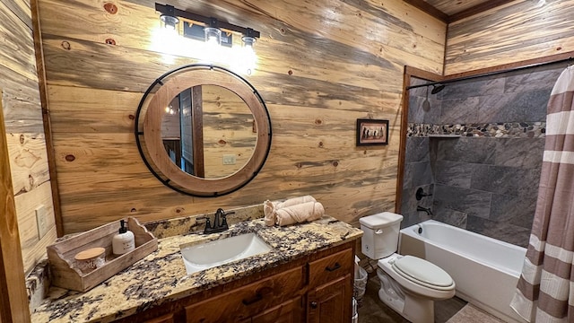 340 Hooch Holler Ln, Morganton, GA 30560 - full bathroom featuring wood walls, toilet, vanity, and shower / bathtub combination with curtain