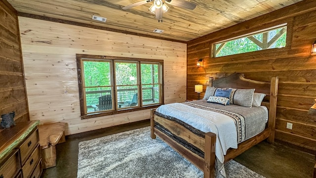 340 Hooch Holler Ln, Morganton, GA 30560 - bedroom with wood ceiling, wood walls, multiple windows, and a ceiling fan