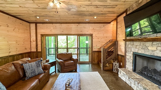 340 Hooch Holler Ln, Morganton, GA 30560 - living area with wooden walls, wooden ceiling, a fireplace, ceiling fan, and recessed lighting