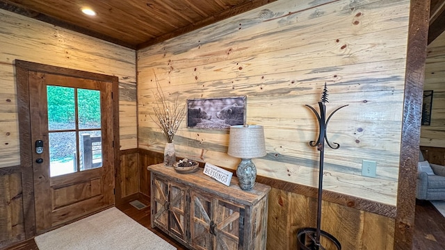340 Hooch Holler Ln, Morganton, GA 30560 - entrance foyer with wooden walls, wooden ceiling, recessed lighting, and wood finished floors