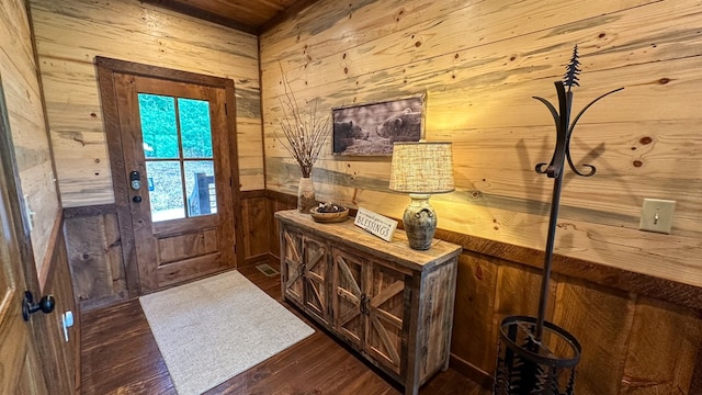 340 Hooch Holler Ln, Morganton, GA 30560 - doorway featuring wood walls, dark wood-style floors, and wooden ceiling