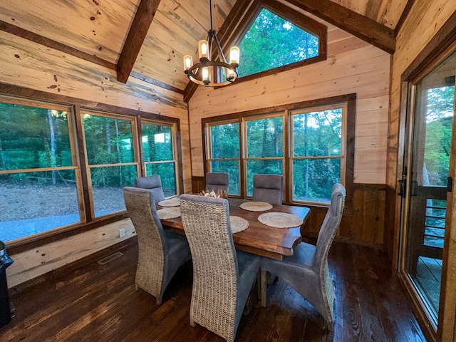 340 Hooch Holler Ln, Morganton, GA 30560 - dining area featuring wooden walls, wood ceiling, dark wood-type flooring, and a chandelier