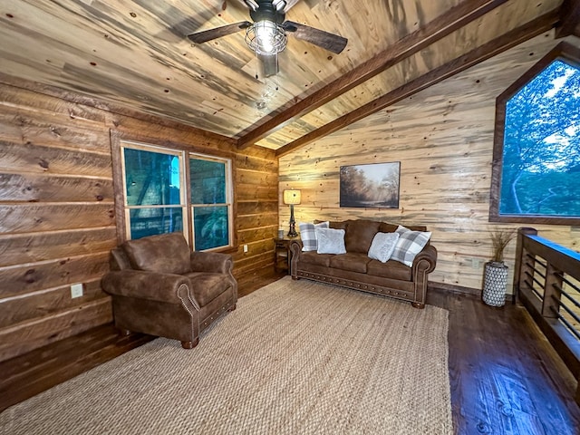 340 Hooch Holler Ln, Morganton, GA 30560 - living area with wood walls, dark wood-style floors, wooden ceiling, and a ceiling fan