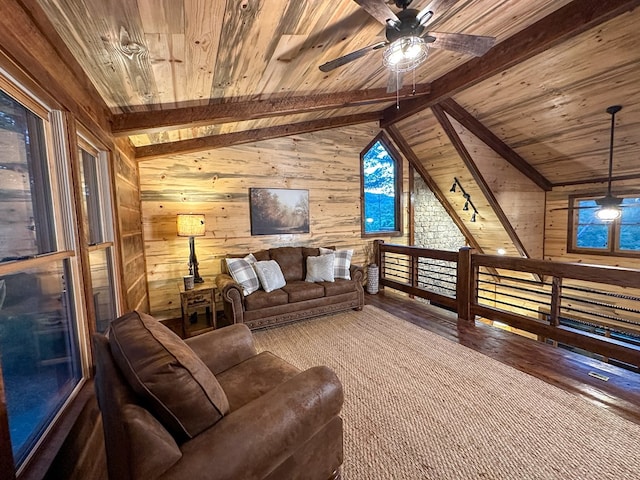 340 Hooch Holler Ln, Morganton, GA 30560 - living area with hardwood / wood-style floors, wood ceiling, wooden walls, and ceiling fan