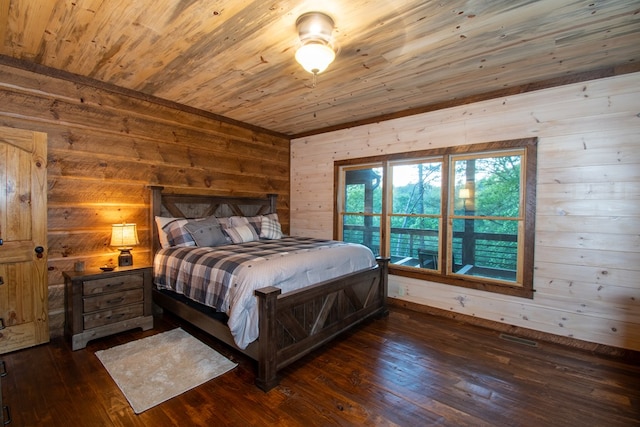 340 Hooch Holler Ln, Morganton, GA 30560 - bedroom with wood walls, dark wood finished floors, and wooden ceiling