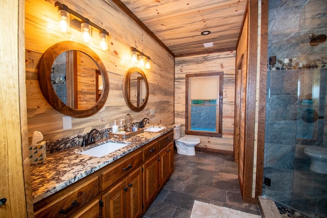 340 Hooch Holler Ln, Morganton, GA 30560 - full bath featuring toilet, wood ceiling, wood walls, double vanity, and stone finish flooring