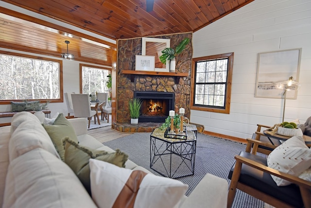 living room featuring ceiling fan, plenty of natural light, wood ceiling, and lofted ceiling