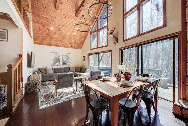 dining room featuring wooden ceiling, hardwood / wood-style flooring, an inviting chandelier, high vaulted ceiling, and beam ceiling