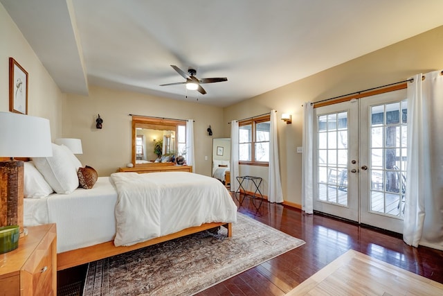 bedroom featuring access to exterior, french doors, hardwood / wood-style floors, a ceiling fan, and baseboards