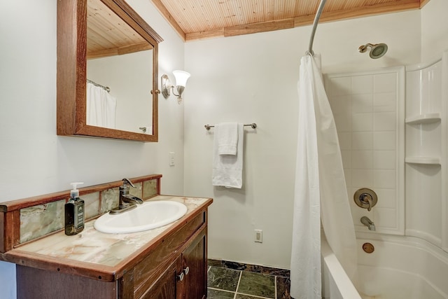 full bathroom featuring ornamental molding, shower / tub combo, wood ceiling, vanity, and baseboards