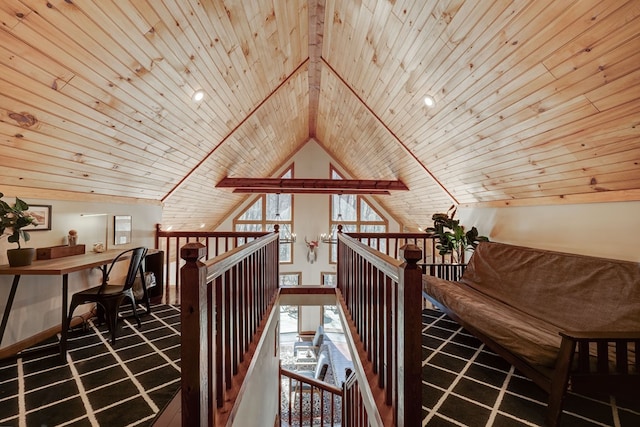 bonus room with wooden ceiling and high vaulted ceiling