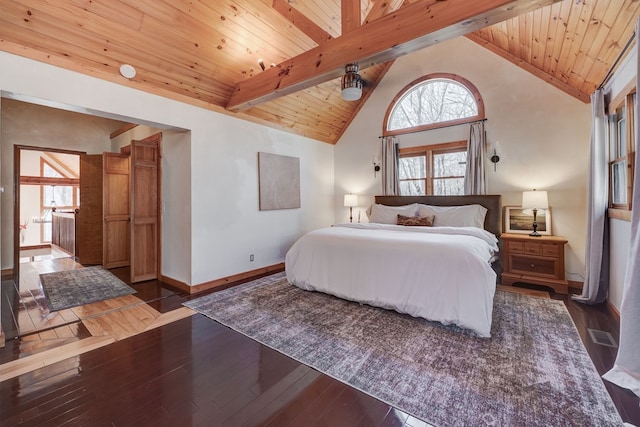 unfurnished bedroom featuring baseboards, wooden ceiling, hardwood / wood-style flooring, beamed ceiling, and high vaulted ceiling