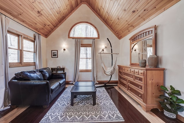 living room featuring high vaulted ceiling, dark wood-style flooring, and wooden ceiling