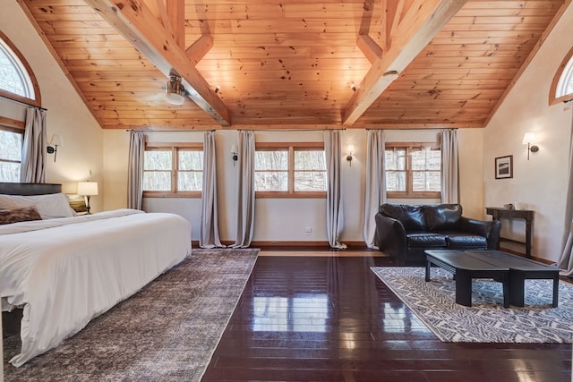 bedroom featuring wooden ceiling, multiple windows, vaulted ceiling with beams, and hardwood / wood-style flooring