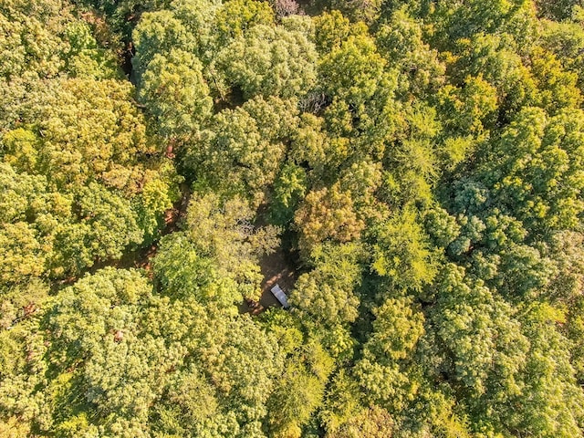 drone / aerial view with a wooded view