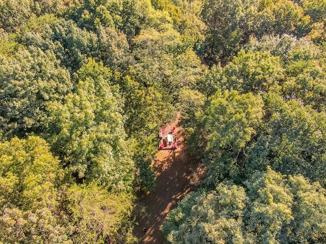 birds eye view of property featuring a forest view