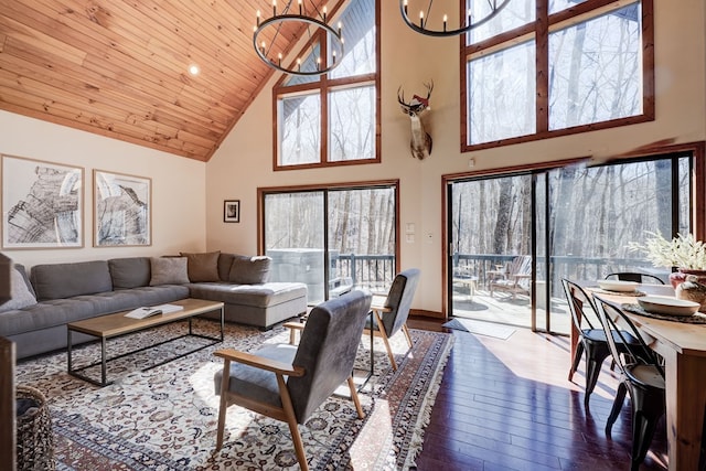 living area with high vaulted ceiling, hardwood / wood-style floors, wooden ceiling, and a notable chandelier