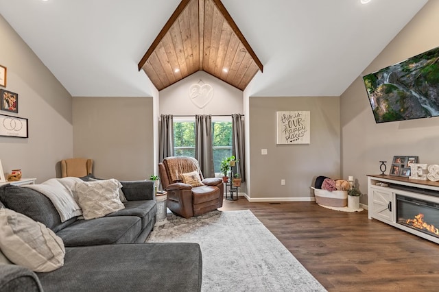 living room featuring lofted ceiling, wooden ceiling, and dark hardwood / wood-style flooring