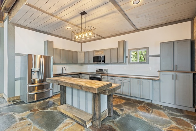 43 Old Federal Rd, Talking Rock, GA 30175 - kitchen featuring appliances with stainless steel finishes, wooden counters, stone floors, wood ceiling, and a sink