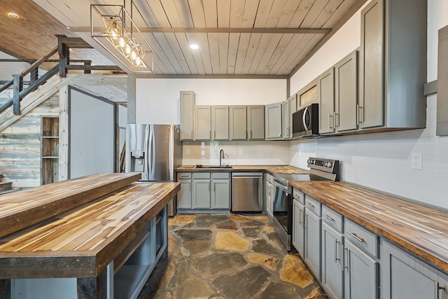 43 Old Federal Rd, Talking Rock, GA 30175 - kitchen featuring wood counters, appliances with stainless steel finishes, stone flooring, wooden ceiling, and a sink