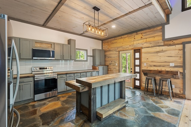 43 Old Federal Rd, Talking Rock, GA 30175 - kitchen with appliances with stainless steel finishes, butcher block counters, wooden ceiling, gray cabinetry, and dark stone finish flooring