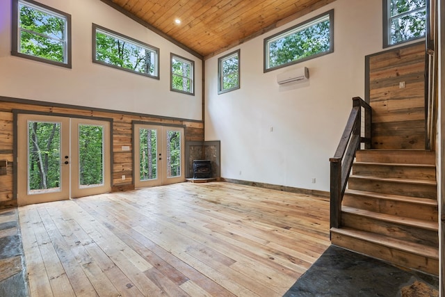 43 Old Federal Rd, Talking Rock, GA 30175 - unfurnished living room with high vaulted ceiling, french doors, wood-type flooring, stairway, and wood ceiling
