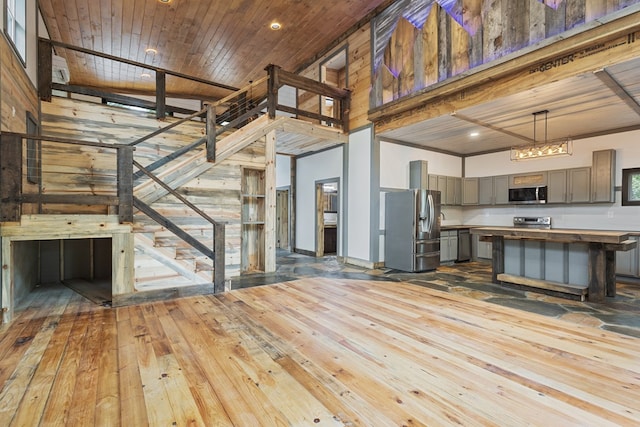43 Old Federal Rd, Talking Rock, GA 30175 - kitchen with appliances with stainless steel finishes, gray cabinets, hardwood / wood-style floors, wood counters, and open floor plan