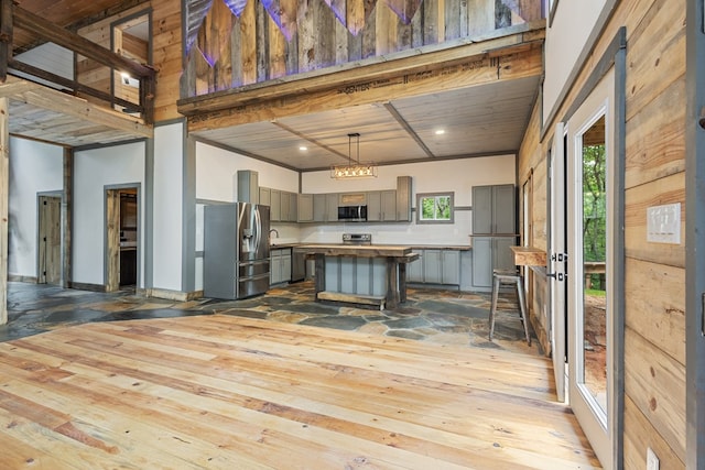 43 Old Federal Rd, Talking Rock, GA 30175 - kitchen featuring appliances with stainless steel finishes, gray cabinets, light wood-style floors, a center island, and pendant lighting