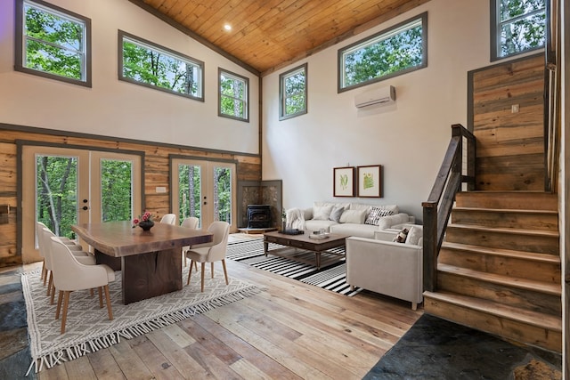 43 Old Federal Rd, Talking Rock, GA 30175 - living room featuring french doors, high vaulted ceiling, hardwood / wood-style floors, wooden ceiling, and stairway