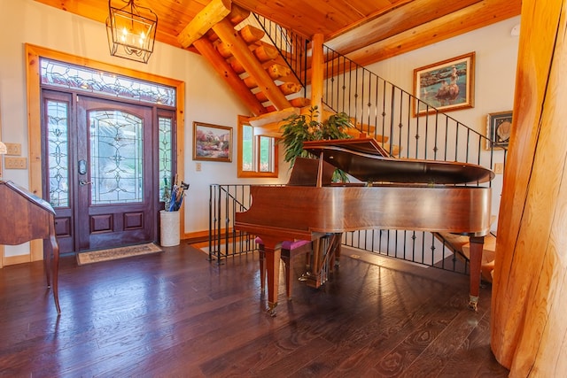 entryway featuring beam ceiling, hardwood / wood-style floors, high vaulted ceiling, and wood ceiling