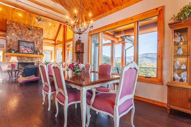 dining room with a mountain view, wooden ceiling, vaulted ceiling with beams, a fireplace, and dark hardwood / wood-style flooring