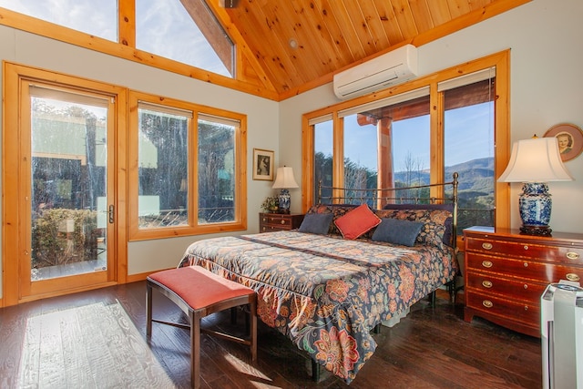 bedroom featuring dark hardwood / wood-style floors, a wall unit AC, a mountain view, vaulted ceiling, and wood ceiling