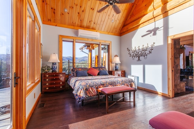 bedroom featuring hardwood / wood-style floors, a mountain view, ceiling fan, and lofted ceiling