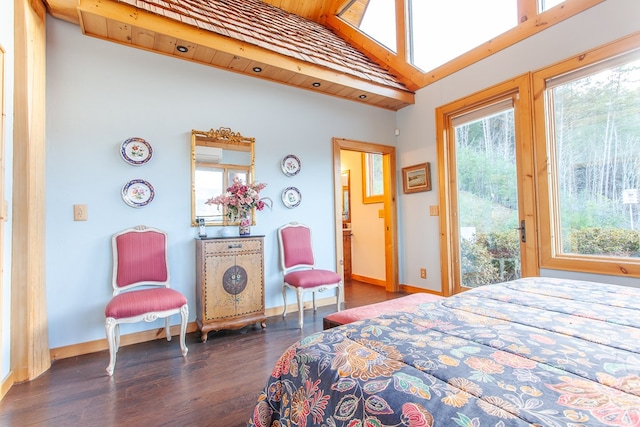 bedroom featuring access to exterior, dark hardwood / wood-style flooring, vaulted ceiling, and wooden ceiling