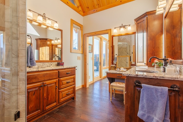 bathroom featuring vanity, wood ceiling, and wood-type flooring