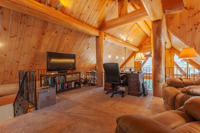 home office with vaulted ceiling with beams, wood walls, carpet floors, and wood ceiling