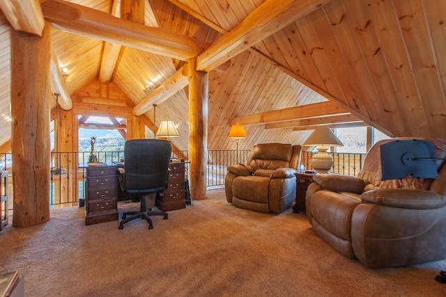 carpeted office space with beamed ceiling, high vaulted ceiling, a wealth of natural light, and wood walls