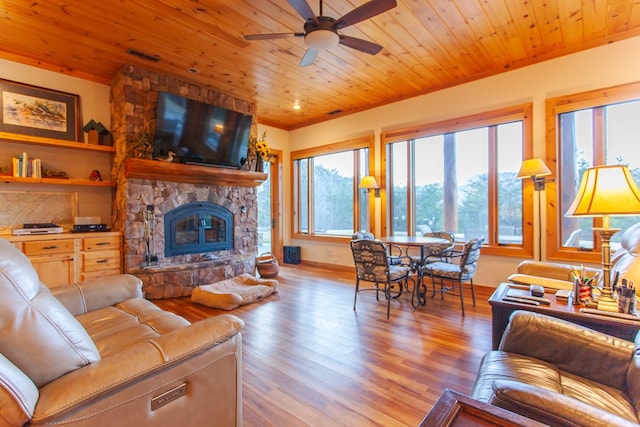 living room with a fireplace, ceiling fan, light hardwood / wood-style flooring, and wooden ceiling