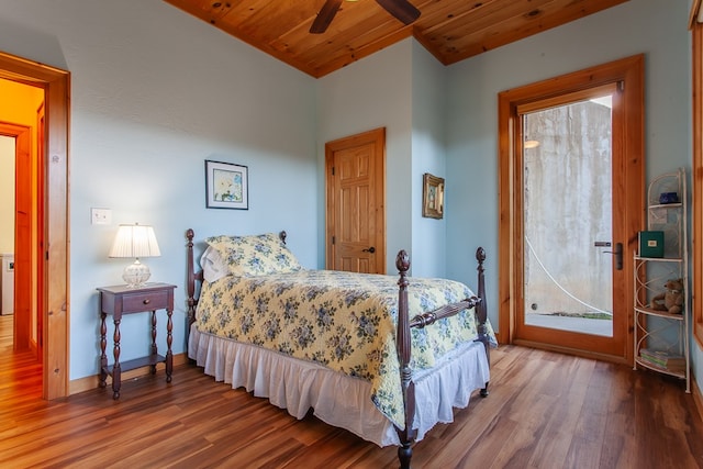 bedroom with hardwood / wood-style flooring, ceiling fan, and wooden ceiling